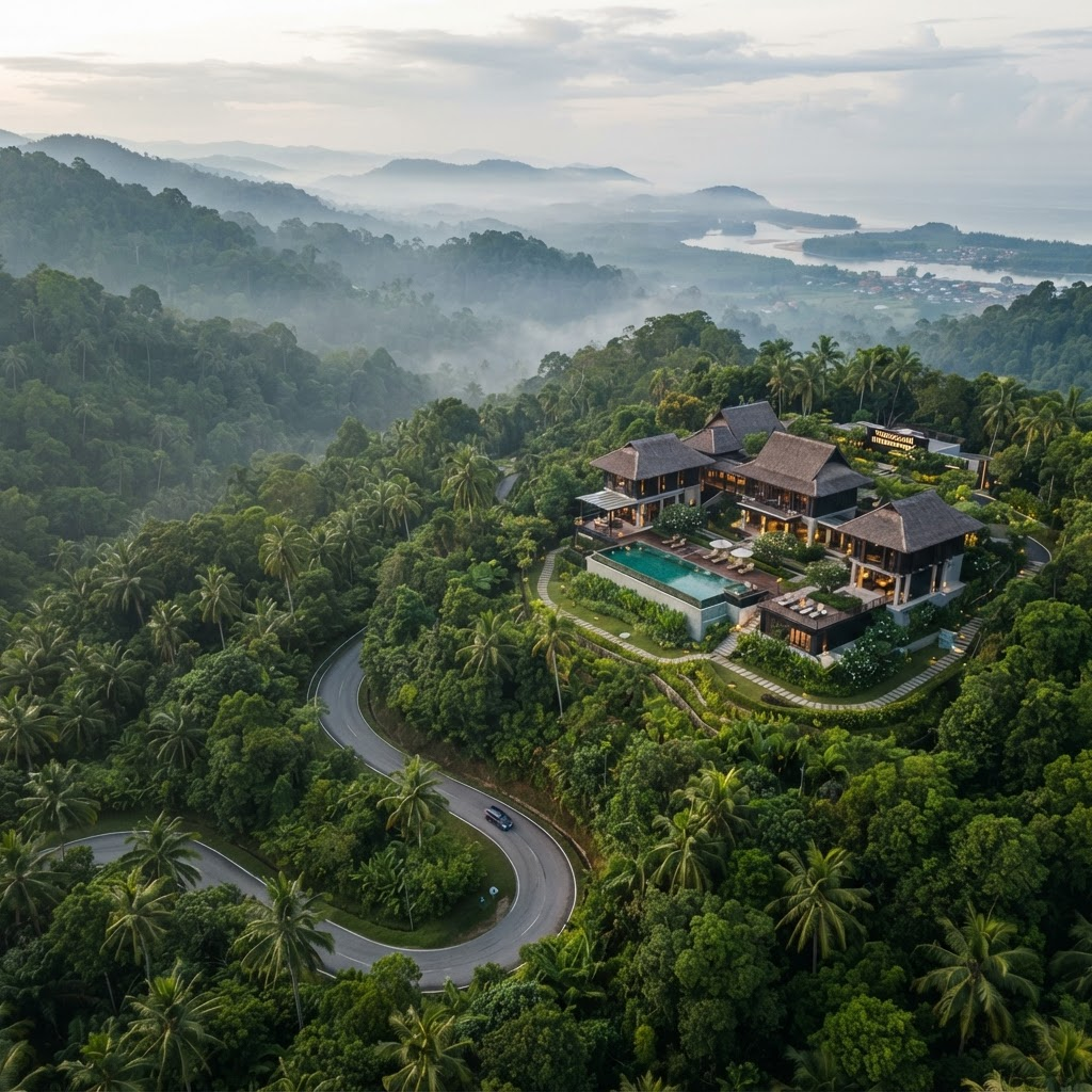Aerial view of the homestay surrounded by tropical rainforest in Bukit Gasing, Marang