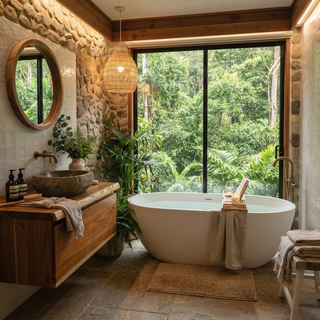 Spa-like bathroom with freestanding tub