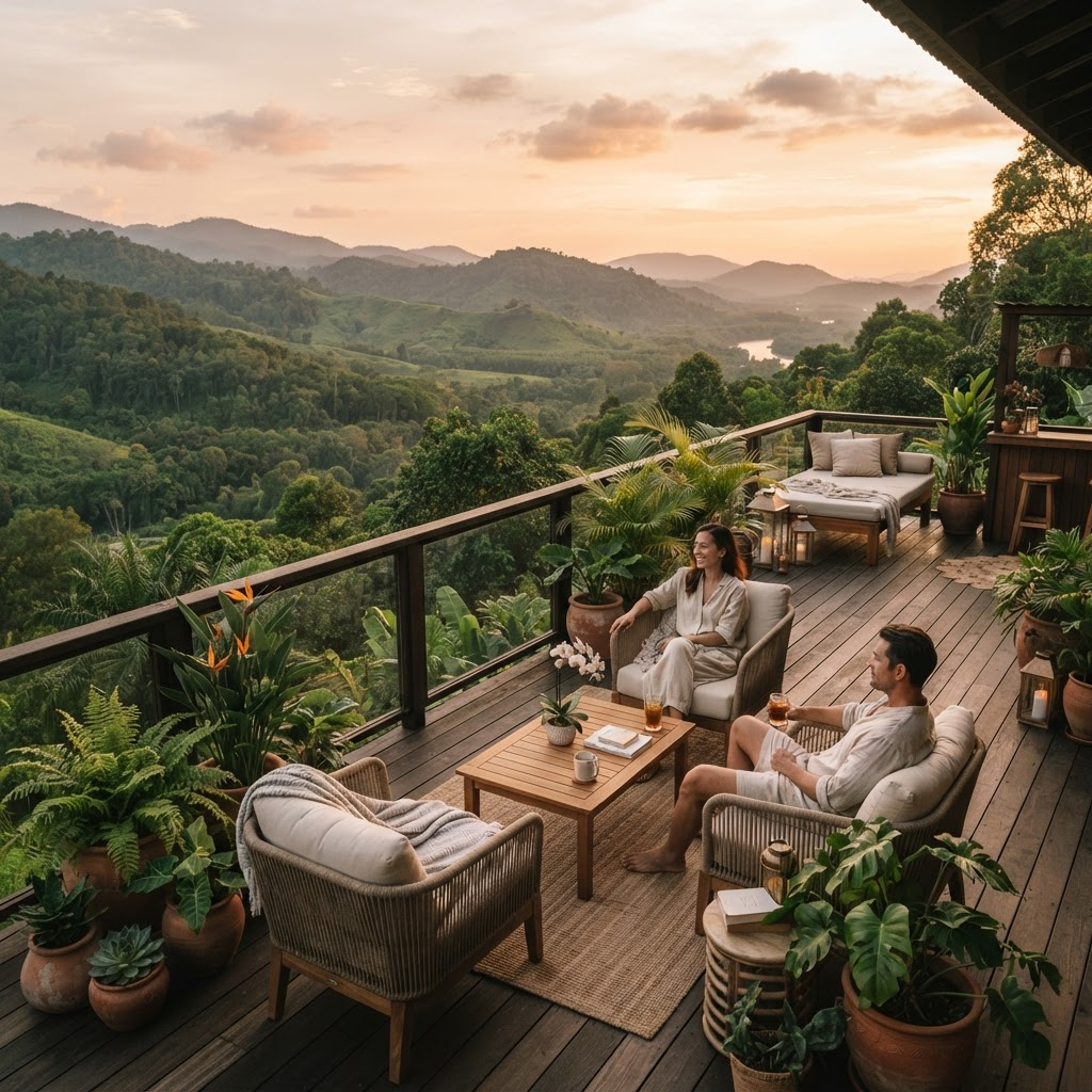 Outdoor deck overlooking the green valley
