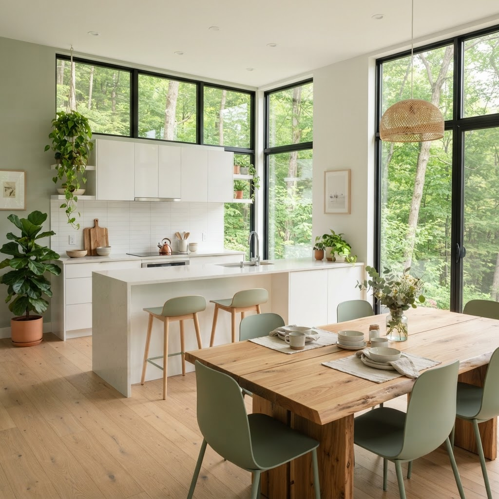 Open kitchen and dining area