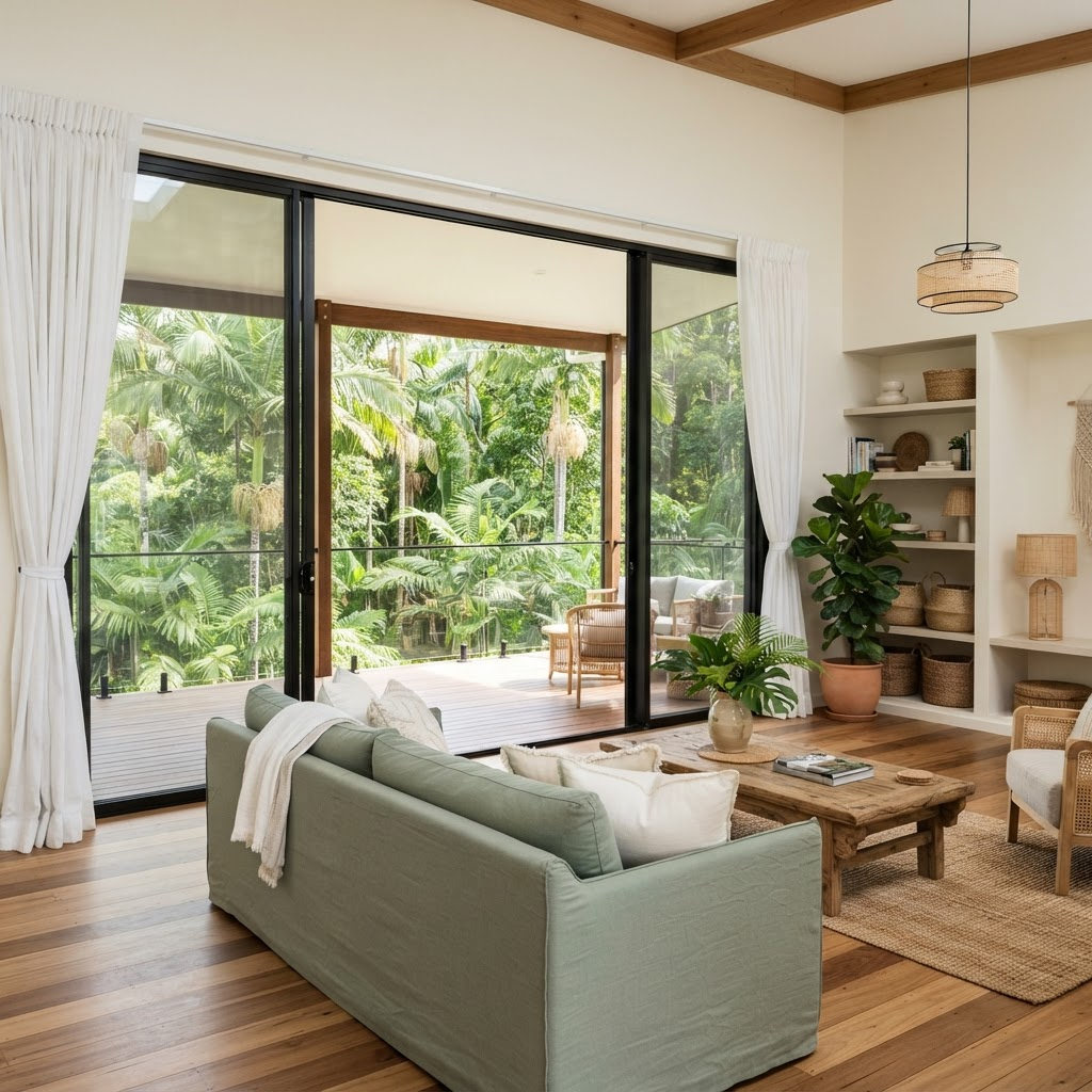 Spacious living room with forest views