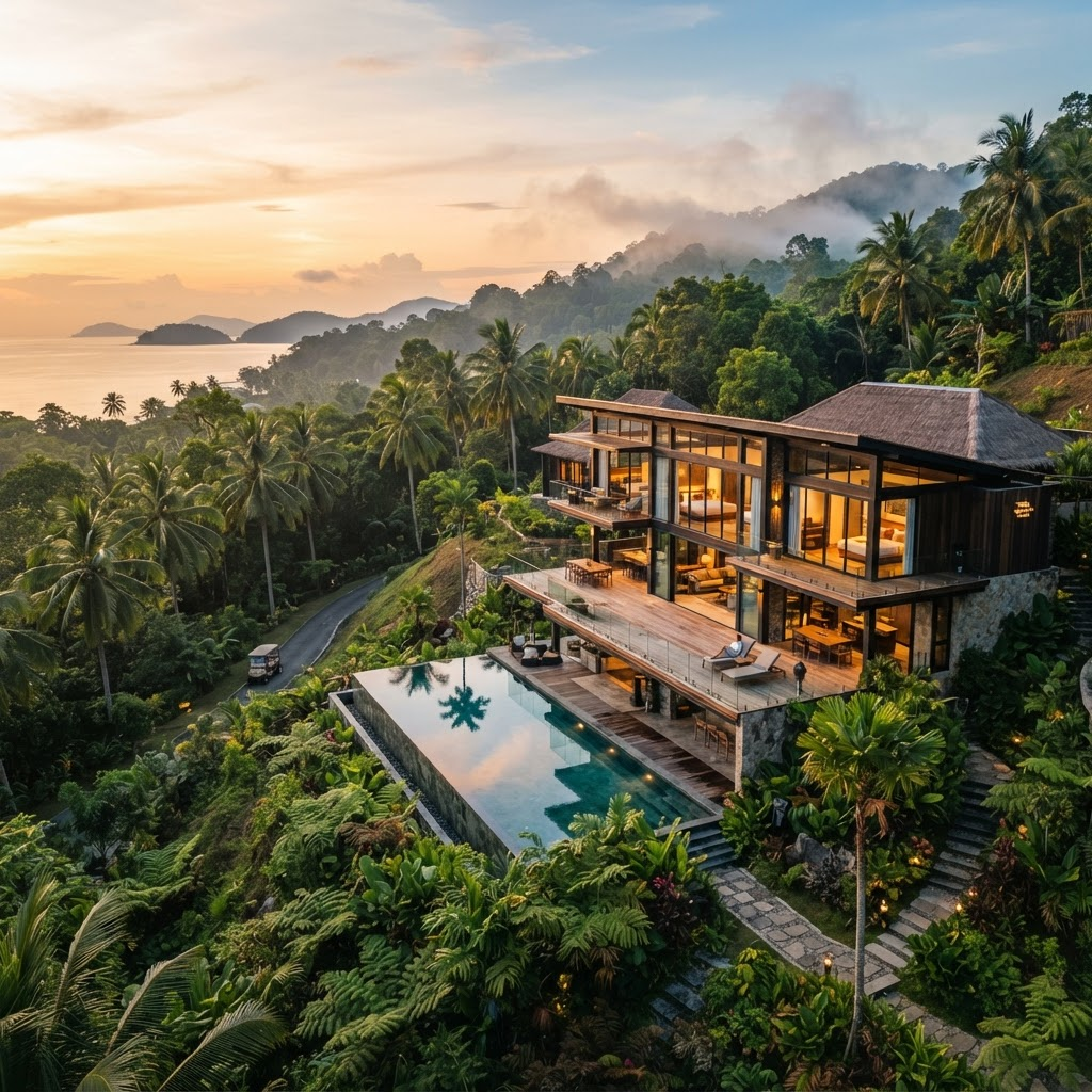 Boutique homestay villa on a green hillside in Marang, Terengganu at golden hour